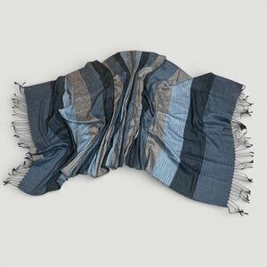 Veond Pashmina Scarf Wrap Blue Gray Stripes with Fringe